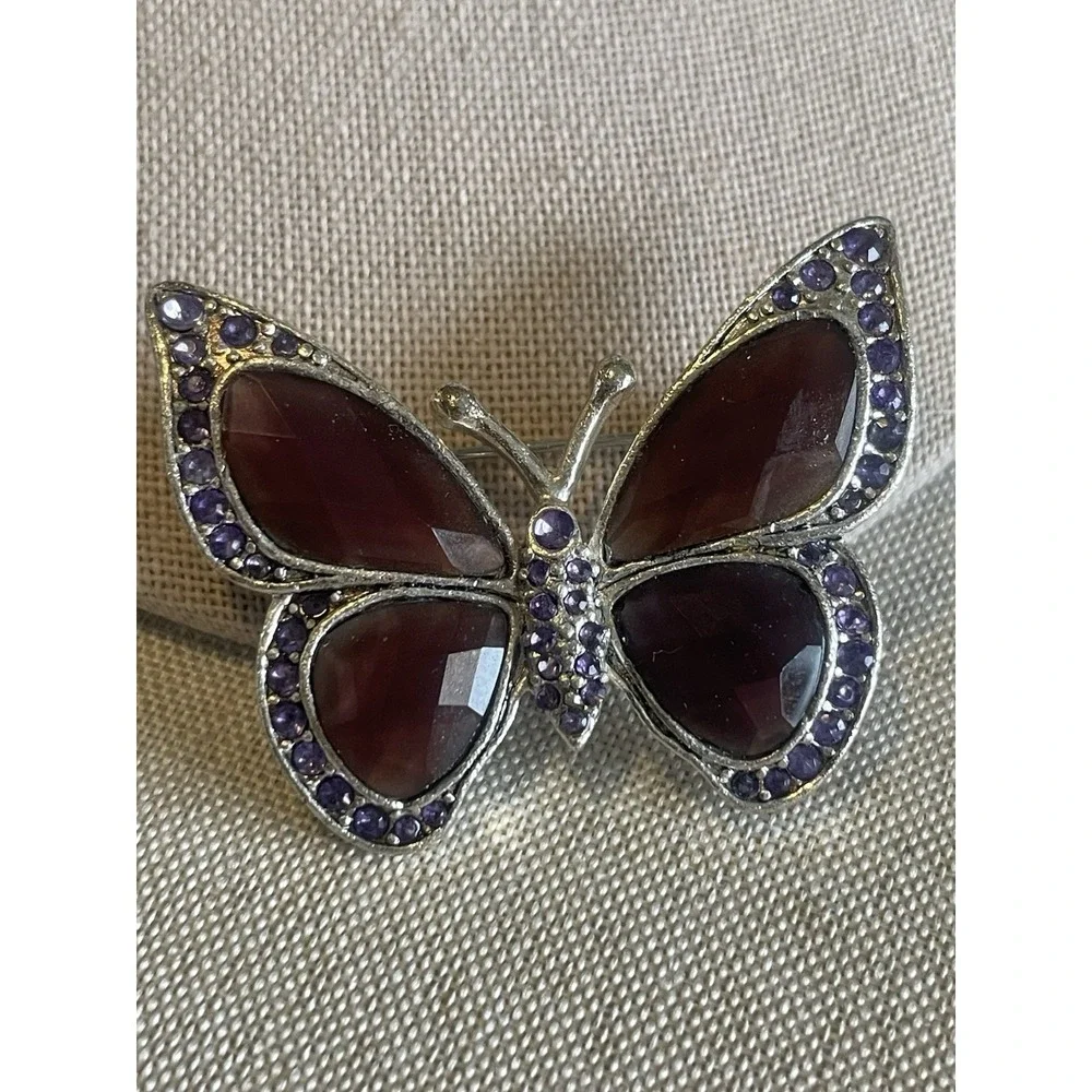 Vintage Butterfly Brooch Purple Rhinestone Maroon Glass Silver Tone Pin